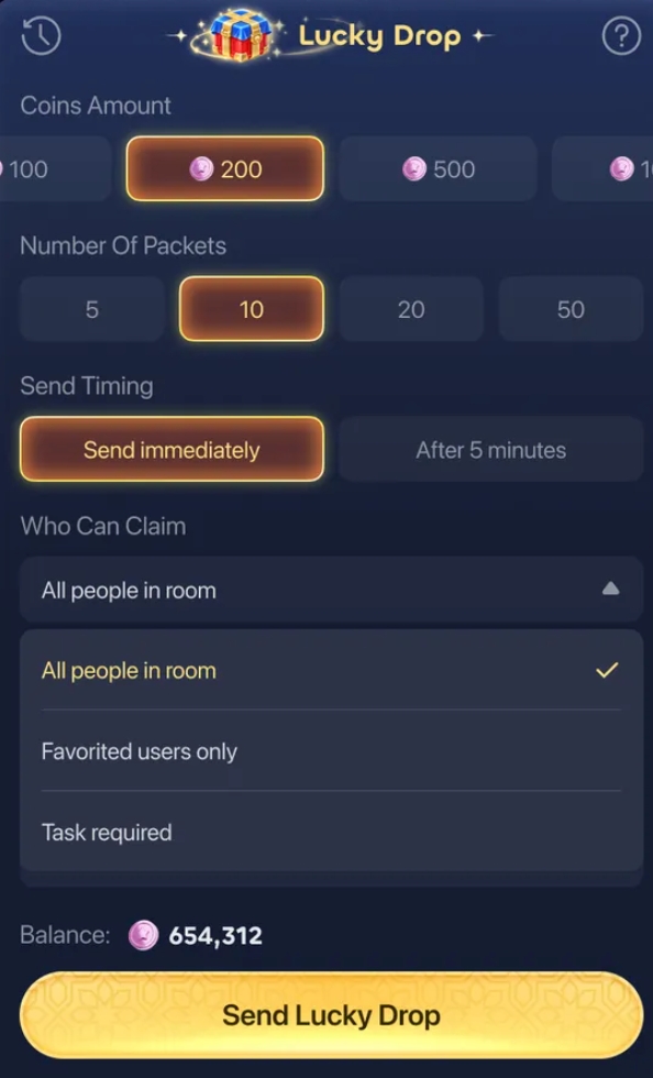Halaman pengaturan Airdrop yang menampilkan jumlah koin, jumlah paket, waktu pengiriman, dan penerima