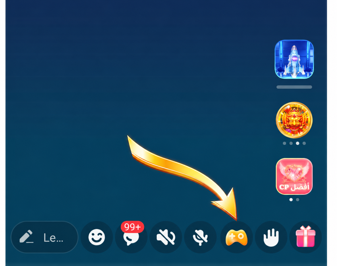 Panah emas menunjuk ikon gamepad pada bilah alat di bagian bawah ruang suara